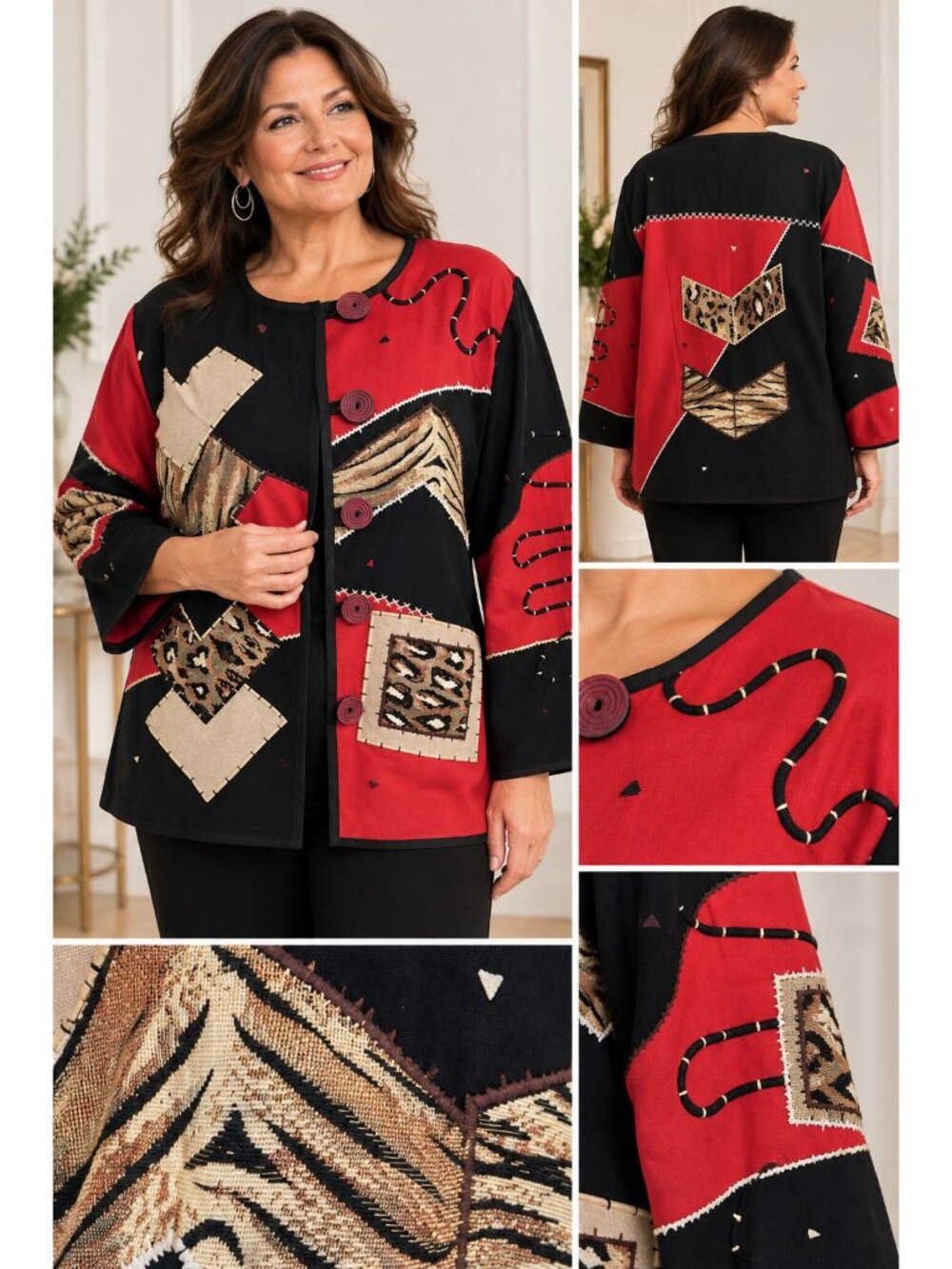 Indigo Moon Jacket 1X Wearable Art Patchwork Boho Lagenlook Black Red NWOT